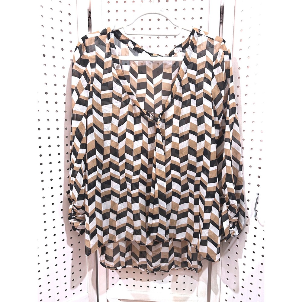 NEW YORK & COMPANY Chevron Print Sheer Long Sleeve Blouse Top Women's Size L